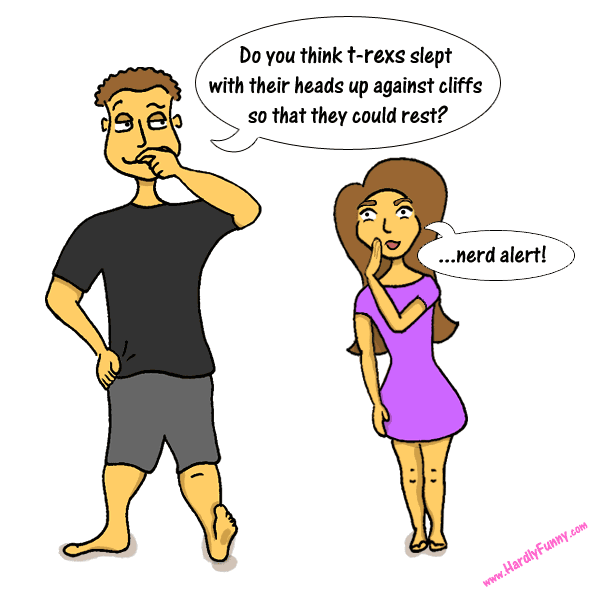 Randall, in a black T-shirt and grey shorts, strokes his chin thoughtfully and asks a question about dinosaurs, while Samantha, in a purple dress, stands beside him and whispers behind her hand.