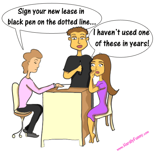 A leasing agent points to a document on a table. Samantha sits across from them, and Randall stands behind her, staring at the pen in his hand.