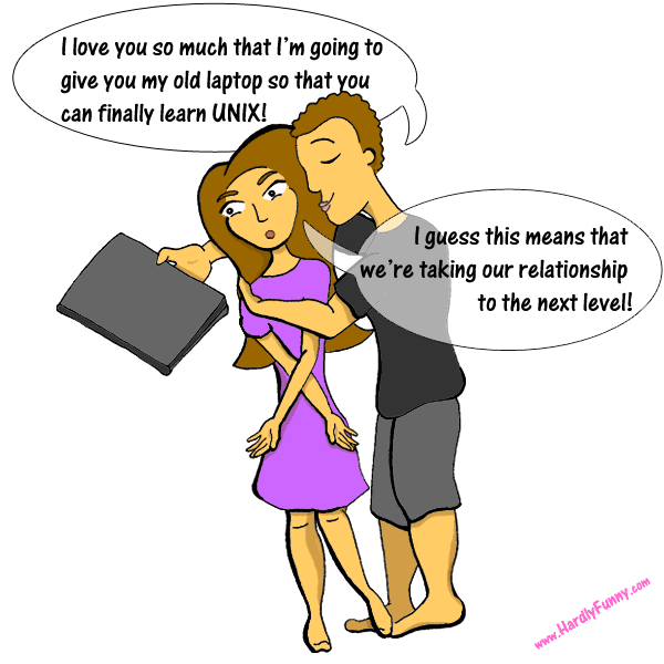Randall hugs Samantha from behind and nuzzles her while holding out a black laptop in front of her. Samantha looks sideways, unsure.