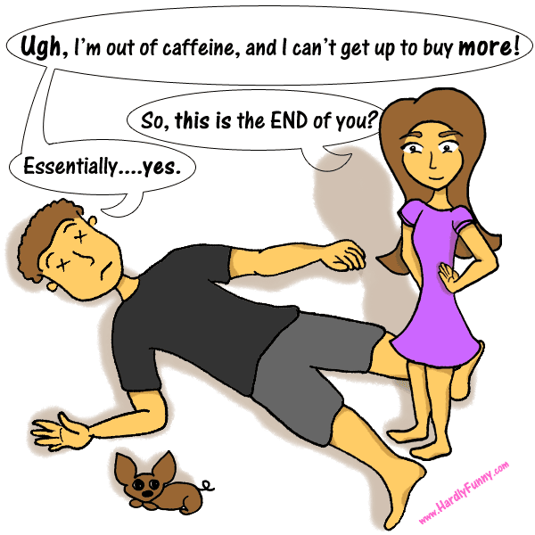 Randall lies sprawled on the floor with X's for eyes as if dead. Samantha stands over him with a hand on her hip, and Scribbles lies on the floor nearby.