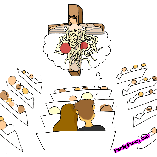 Samantha and Randall sit side by side in a church pew, seen from behind. Randall's thought bubble puts the Flying Spaghetti Monster over the cross at the front.