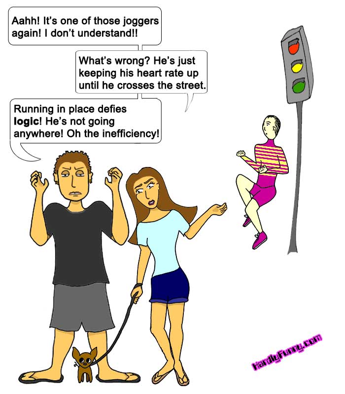 Randall raises his clenched hands beside his head in frustration at a jogger running in place by a traffic light, while Samantha, holding Scribbles on a leash, gestures toward the jogger.