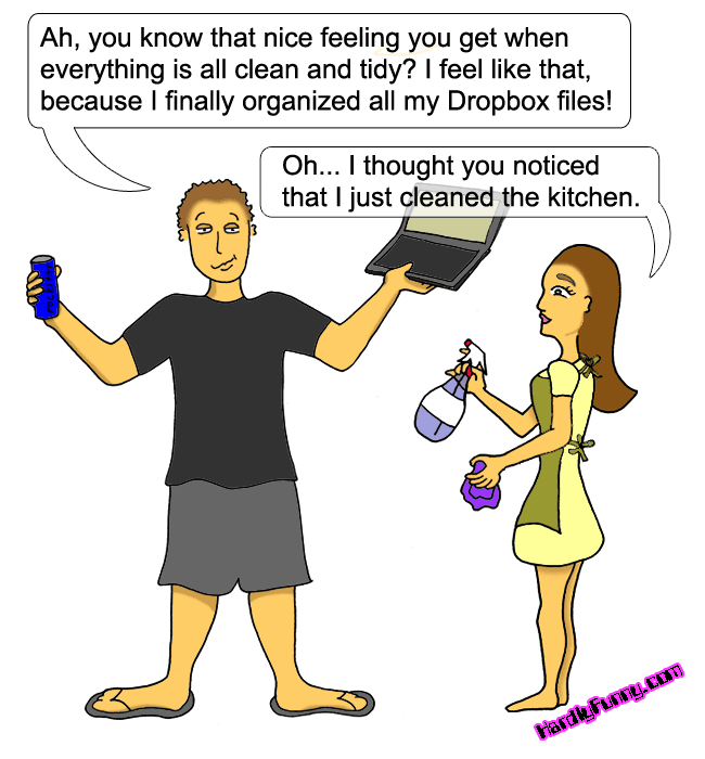 Randall happily holds up his laptop and an energy drink, while Samantha, wearing an apron and holding a spray bottle and cleaning rag, looks at him.