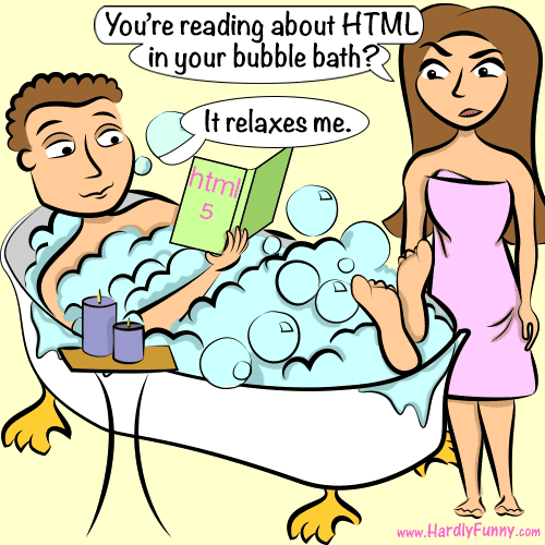Randall relaxes in a clawfoot bubble bath with candles, reading an "html 5" book, while Samantha stands beside the tub in a towel, glaring at him.
