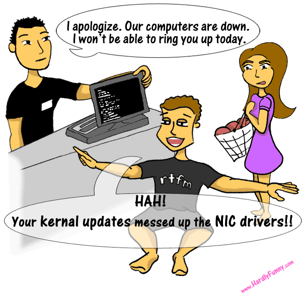 At a store checkout, a cashier turns his monitor to show a screen of error text. Randall, in an "rtfm" T-shirt, gleefully points at it, while Samantha, holding a shopping basket, looks embarrassed.