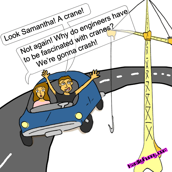 Randall drives a blue car along a curving road with both arms thrown up, staring at a tall yellow construction crane, while Samantha sits beside him looking alarmed.