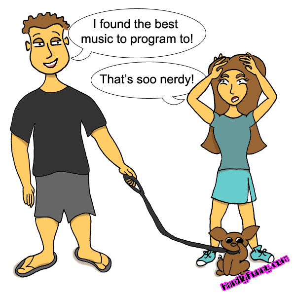Randall walks Scribbles on a leash and grins, while Samantha, in a teal top and skirt, clutches her head.