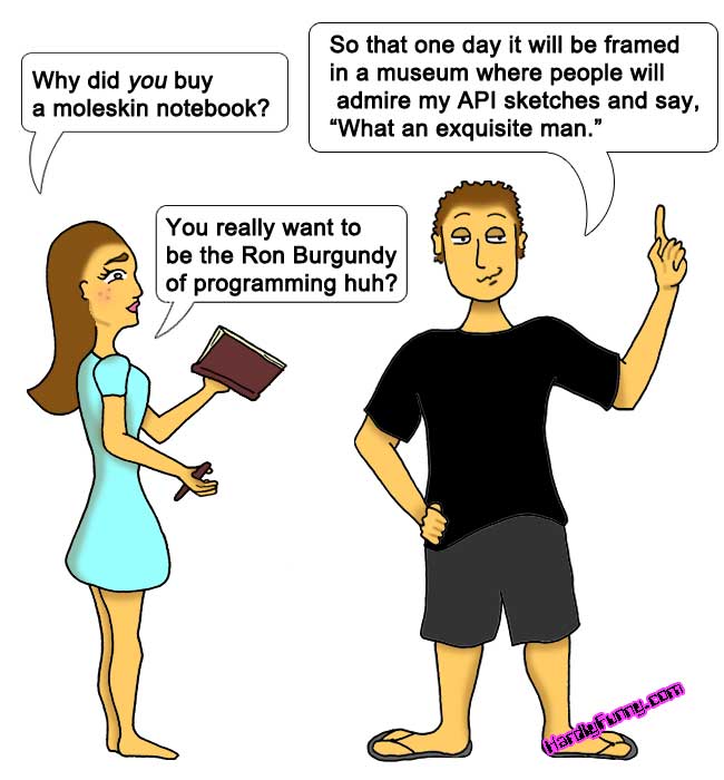 Samantha, in a light blue dress, holds up Randall's new notebook and a pencil while Randall stands with one finger raised, explaining.