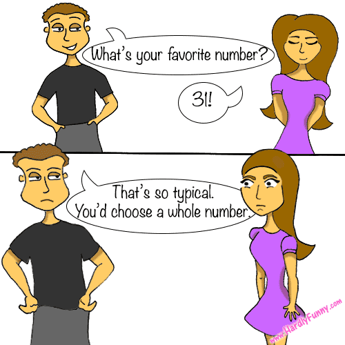 Two panels: Randall, hands on hips, asks Samantha a question and she answers happily with her eyes closed. In the second panel he looks unimpressed and she glares back.