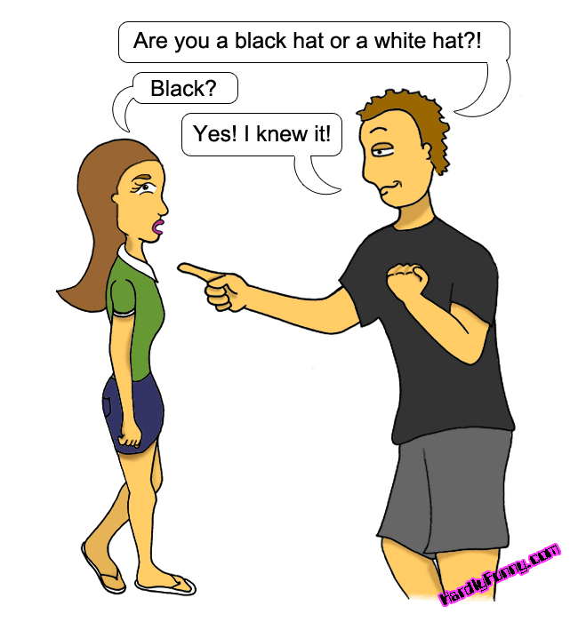 Randall excitedly points at Samantha and pumps his fist after asking her a question; a second image is a Wikipedia excerpt defining white hat and black hat hackers.