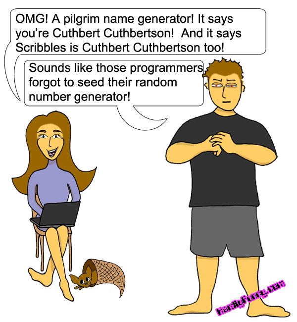 Samantha sits smiling with a laptop, Scribbles peeking out of a cornucopia basket at her feet, while Randall stands with his hands clasped, frowning.