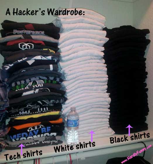 Photo of a closet shelf with three tall stacks of folded T-shirts: printed tech shirts, plain white shirts, and plain black shirts, with a water bottle in front.