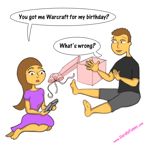 Samantha sits on the floor holding a small game box, looking dismayed, next to an opened pink gift box. Randall sits across from her, gesturing at the gift.