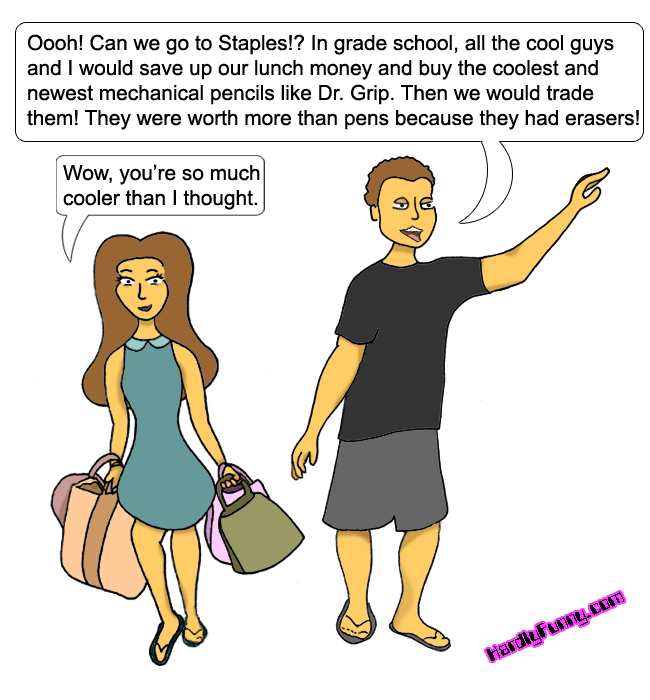 Samantha, in a teal dress, carries shopping bags while Randall points eagerly off toward a store.