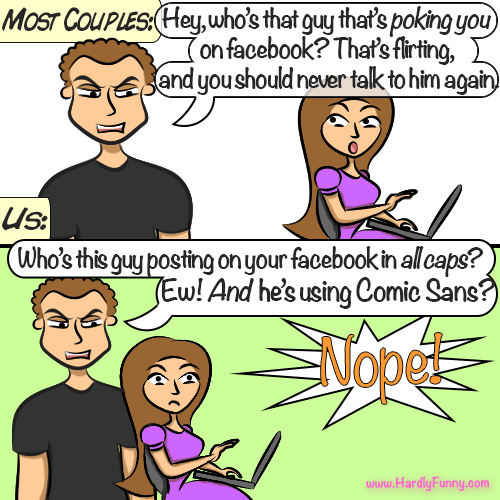 Two panels labeled "Most Couples" and "Us". In both, Randall glares over Samantha's shoulder as she uses her laptop, but for different reasons; a big "Nope!" burst ends the second panel.