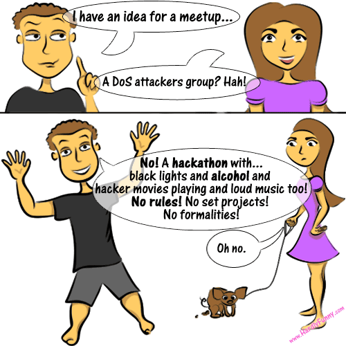 Two panels. Randall raises a finger to pitch a meetup idea to a smiling Samantha, then throws his hands up excitedly as she stands skeptically, holding Scribbles the chihuahua on a leash.