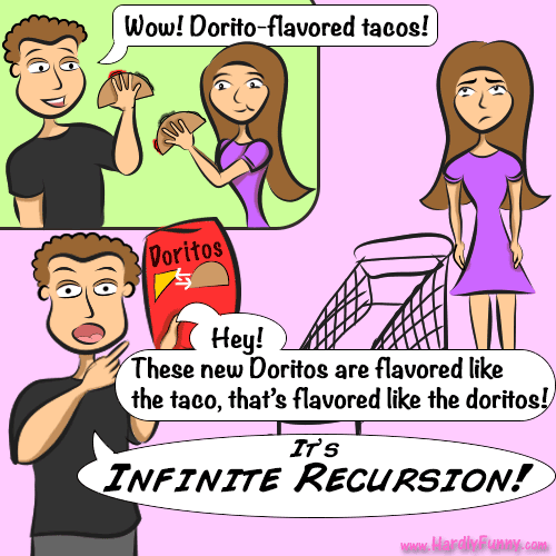 Randall and Samantha eat tacos, then later in a grocery store Randall holds up a bag of Doritos and shouts excitedly while Samantha stands by a shopping cart looking embarrassed.