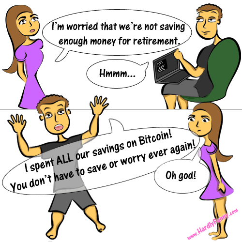 Two panels. Samantha voices a money worry to Randall, who is seated in a green chair with a laptop. Then Randall throws his arms up triumphantly while Samantha stares, horrified.