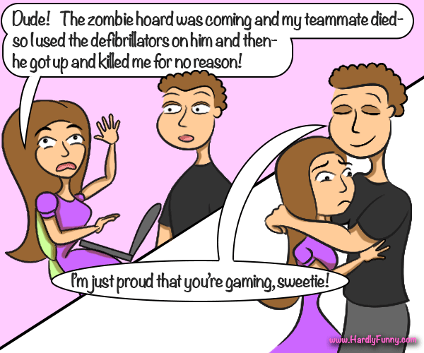 Samantha, sitting at her laptop, complains to Randall about an online zombie game. In the next panel Randall hugs her with a proud, contented smile while she looks glum.
