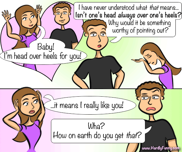 Samantha swoons with raised arms in front of a pink heart, professing her love to Randall. He responds with a literal-minded question, leaving her facepalming and then clutching her head.
