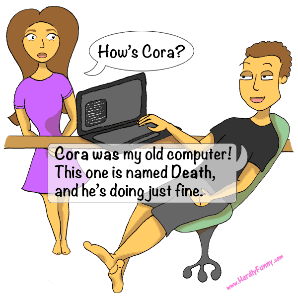 Samantha stands by Randall's desk and asks a question as he leans back in his chair with his legs stretched out and crossed, typing on a laptop.