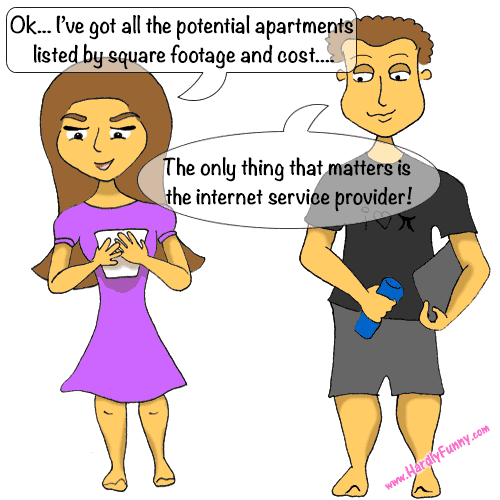 Samantha holds a phone and reads off her apartment search, while Randall, holding a laptop and a water bottle, stands beside her.