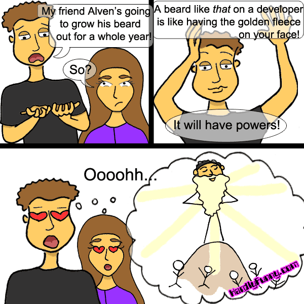 Randall excitedly tells an unimpressed Samantha about a friend's beard. By the last panel both have heart eyes, picturing a glowing bearded figure on a hill above tiny worshippers.