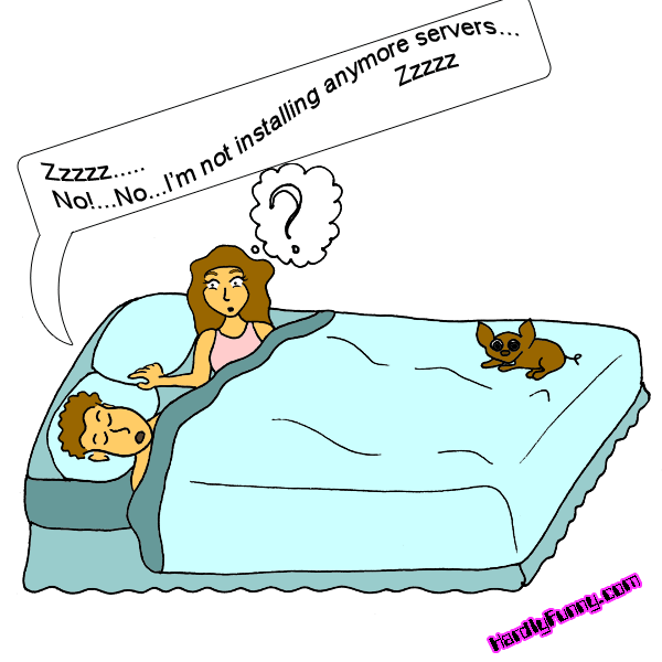 Randall talks in his sleep in bed while Samantha sits up next to him, puzzled, and Scribbles lies at the foot of the bed.