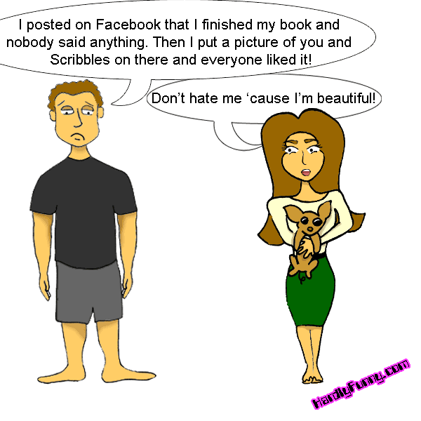 Randall stands dejected while Samantha, in a white top and green skirt, holds Scribbles in her arms and answers him.