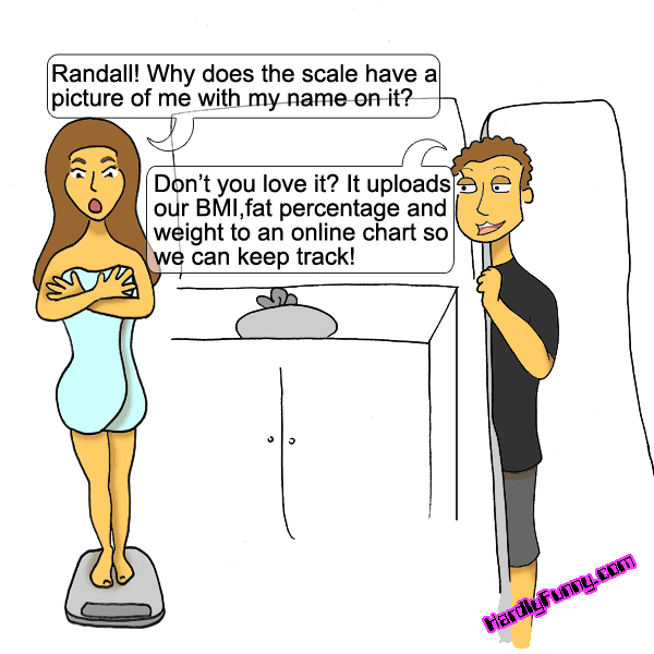 Samantha, wrapped in a towel and standing on a bathroom scale, looks shocked as Randall peeks cheerfully around the door.