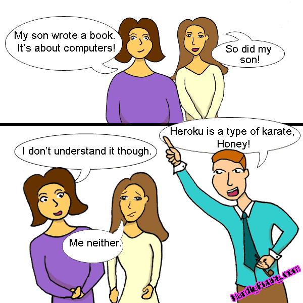 Two mothers, one in purple and one in cream, brag about their sons' computer books. Below, they admit they're lost as a man in a teal shirt and tie points upward to explain.