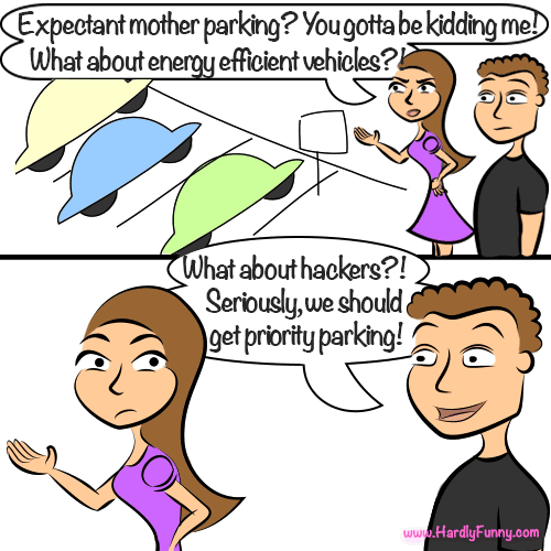 In a parking lot, Samantha gestures indignantly at a reserved parking sign next to a row of cars while Randall looks on, then Randall grins and makes a proposal of his own.