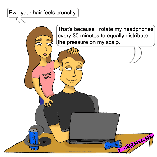 Randall sits at his laptop between cans of Rockstar energy drink while Samantha, in an "I ♥ my geek" shirt, stands behind him touching his hair with a grimace.