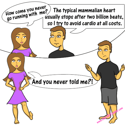 Two panels: Samantha asks Randall about going running. Below, she stands with hands on her hips, indignant, while Randall shrugs with palms up.