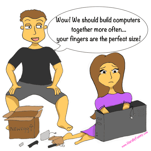 Randall sits smiling behind an open Newegg box, while Samantha sits on the floor with her arms reaching deep inside a computer tower case, looking unhappy. Parts and cables lie around them.