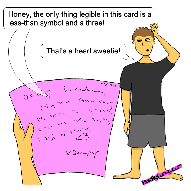 Samantha's hand holds up a pink anniversary card covered in scrawled, unreadable handwriting, while Randall stands nearby scratching his head.