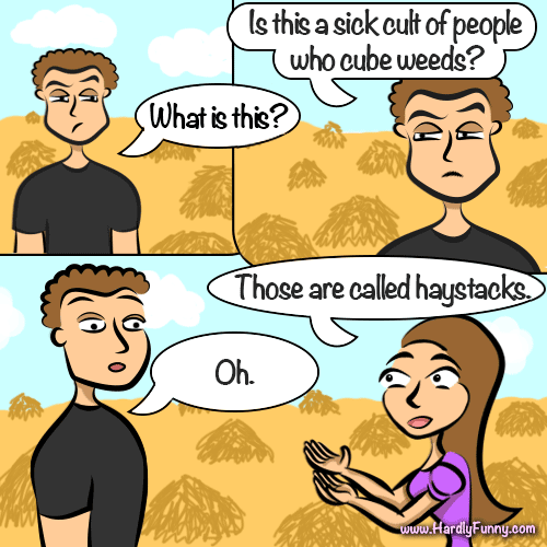 Randall stares suspiciously at a field full of golden haystacks, and Samantha gestures toward them to explain.