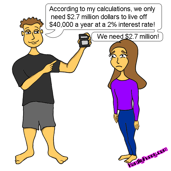 Randall proudly points to a calculator in his hand as Samantha, in a purple top and jeans, stares back at him in dismay.