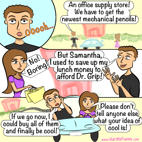 Out holiday shopping, Randall spots an office supply store and gets starry-eyed. Samantha, carrying shopping bags, shoots him down, and later drives the car while he holds his head.