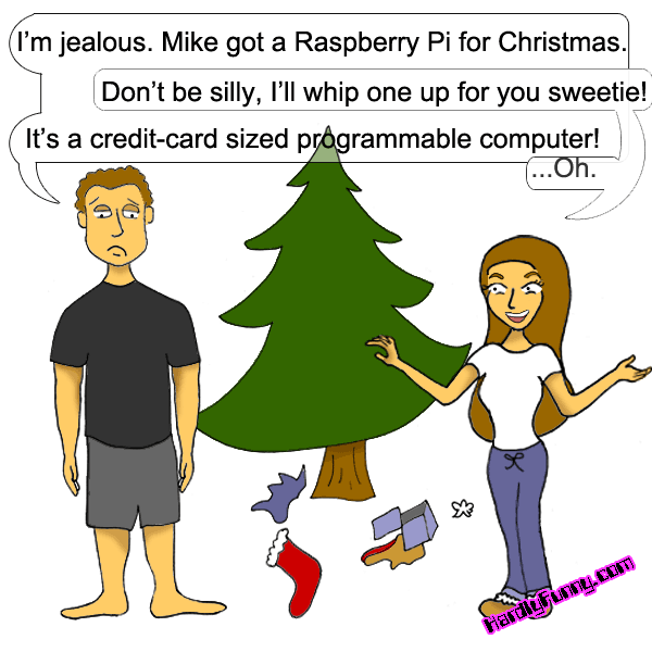 Randall stands sadly beside a Christmas tree with an empty stocking and torn wrapping paper on the floor, while Samantha, in pajamas, cheerfully offers to help.