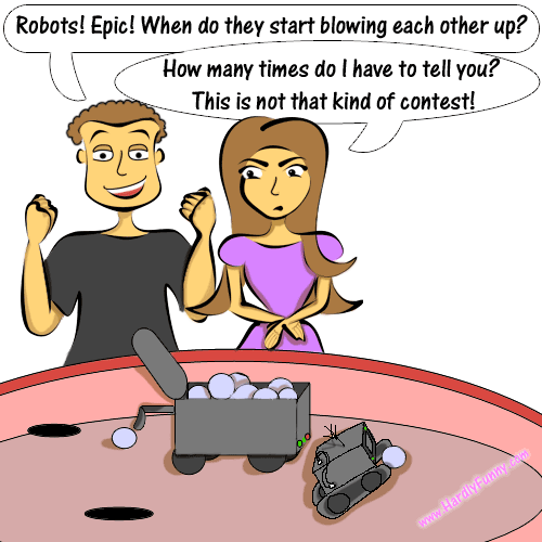 Randall cheers with raised fists and Samantha frowns beside him as they watch a robotics competition, where a boxy robot loaded with balls and a smaller robot roll across the arena floor.
