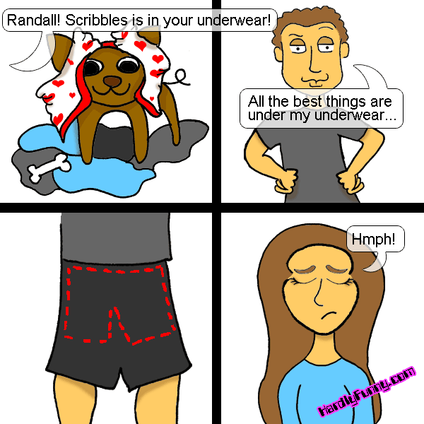 Four panels: Scribbles sits in laundry with heart-print underwear on his head, Randall stands smugly with hands on hips, a close-up shows his shorts, and Samantha closes her eyes, unamused.