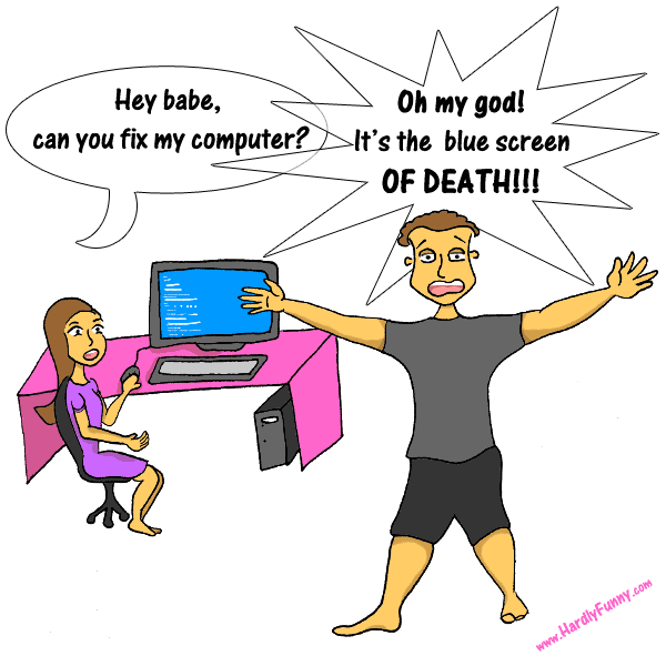 Samantha sits at her pink desk, where her monitor shows a blue error screen. Randall stands beside it, arms flung wide, screaming in horror.