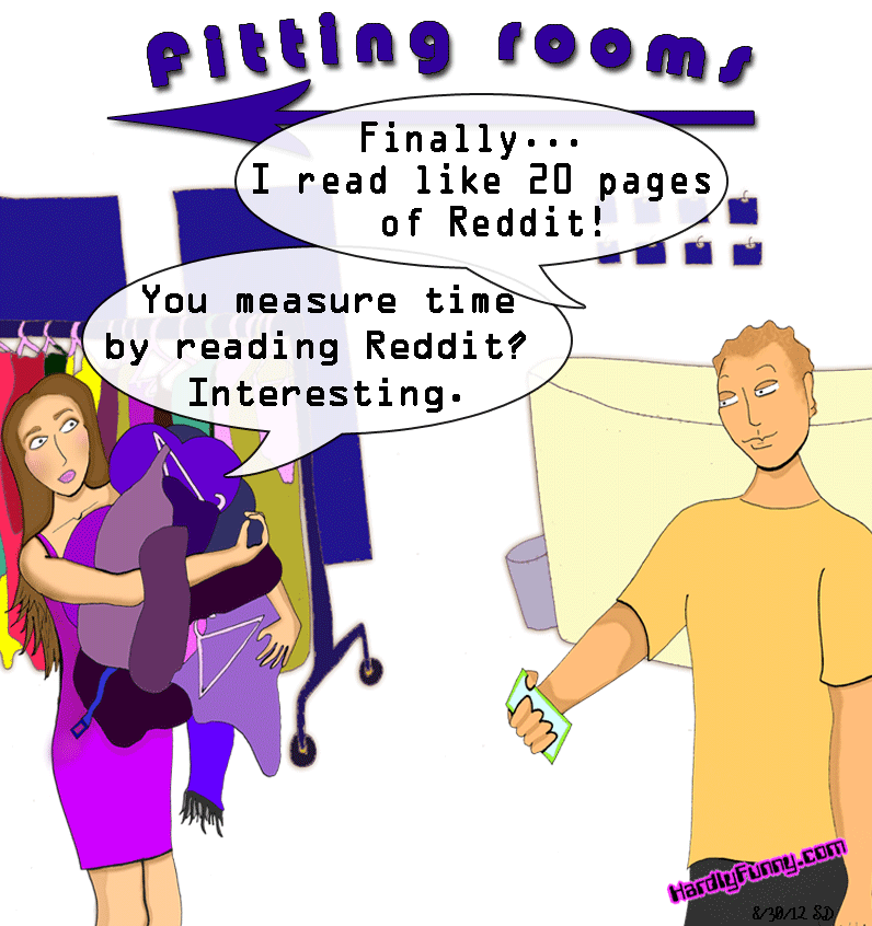Outside a store's fitting rooms, Samantha carries an armful of purple clothes while Randall, in a yellow T-shirt, waits holding his phone.