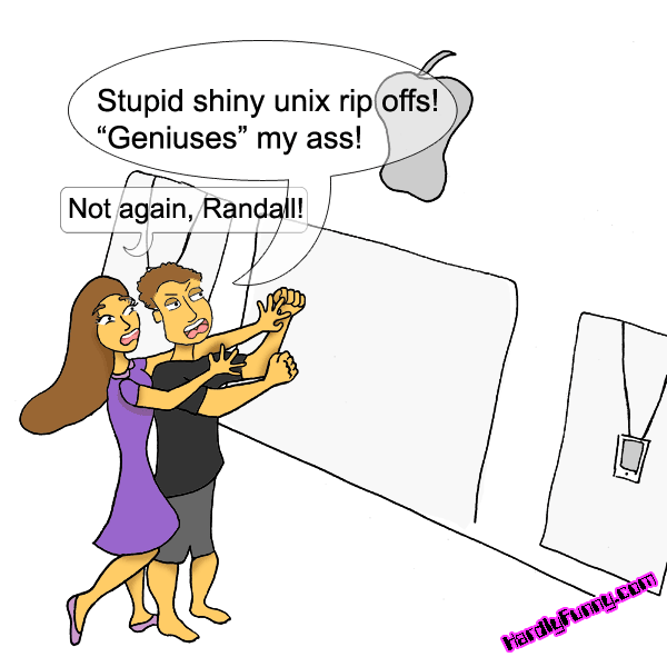 At an Apple store with the glowing apple logo overhead, Samantha, in a purple dress, holds back a fist-shaking Randall as he lunges toward the display tables.