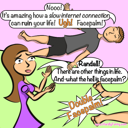 Randall lies sprawled on the floor with X's for eyes, a hand raised dramatically, while Samantha stands over him gesturing in exasperation.