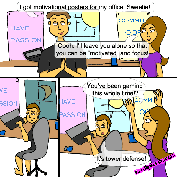 Randall shows Samantha the new motivational posters in his home office. Later, she finds him hunched over his laptop.