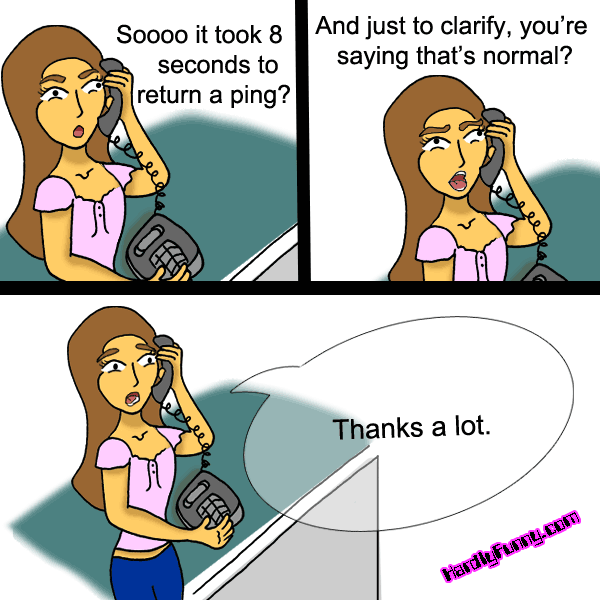 Three panels of Samantha at her office desk in a pink top, on the phone with tech support and growing more exasperated.