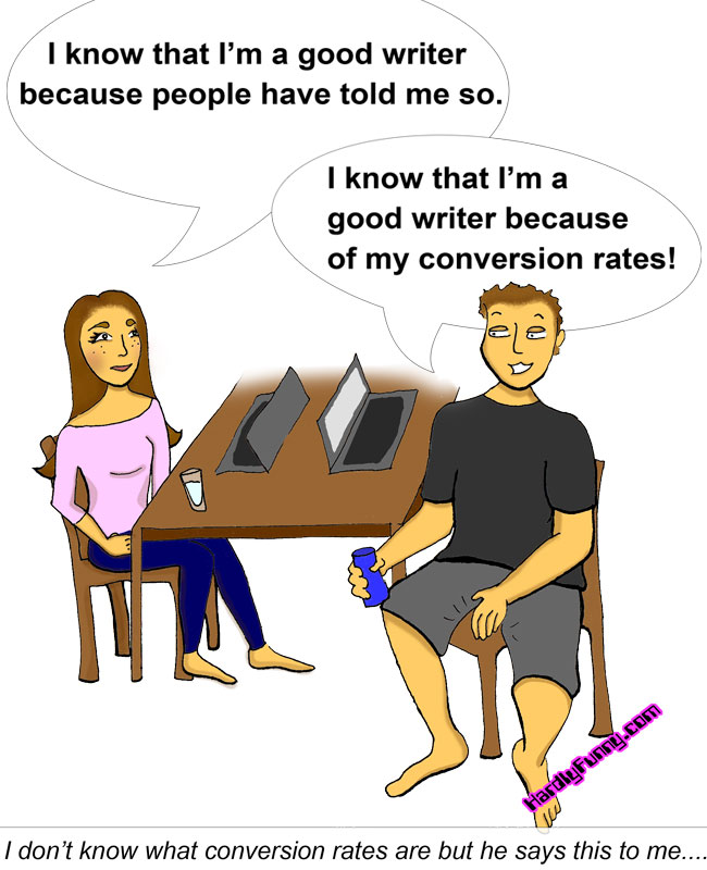 Samantha and Randall sit at a wooden table with two tablets on it; Randall holds an energy drink and grins.