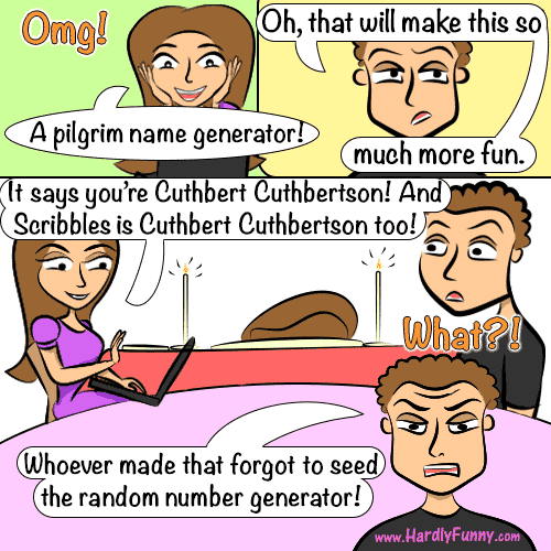 Samantha delightedly shows Randall a pilgrim name generator on her laptop at their Thanksgiving table, and Randall's bored look turns to indignation at the result.